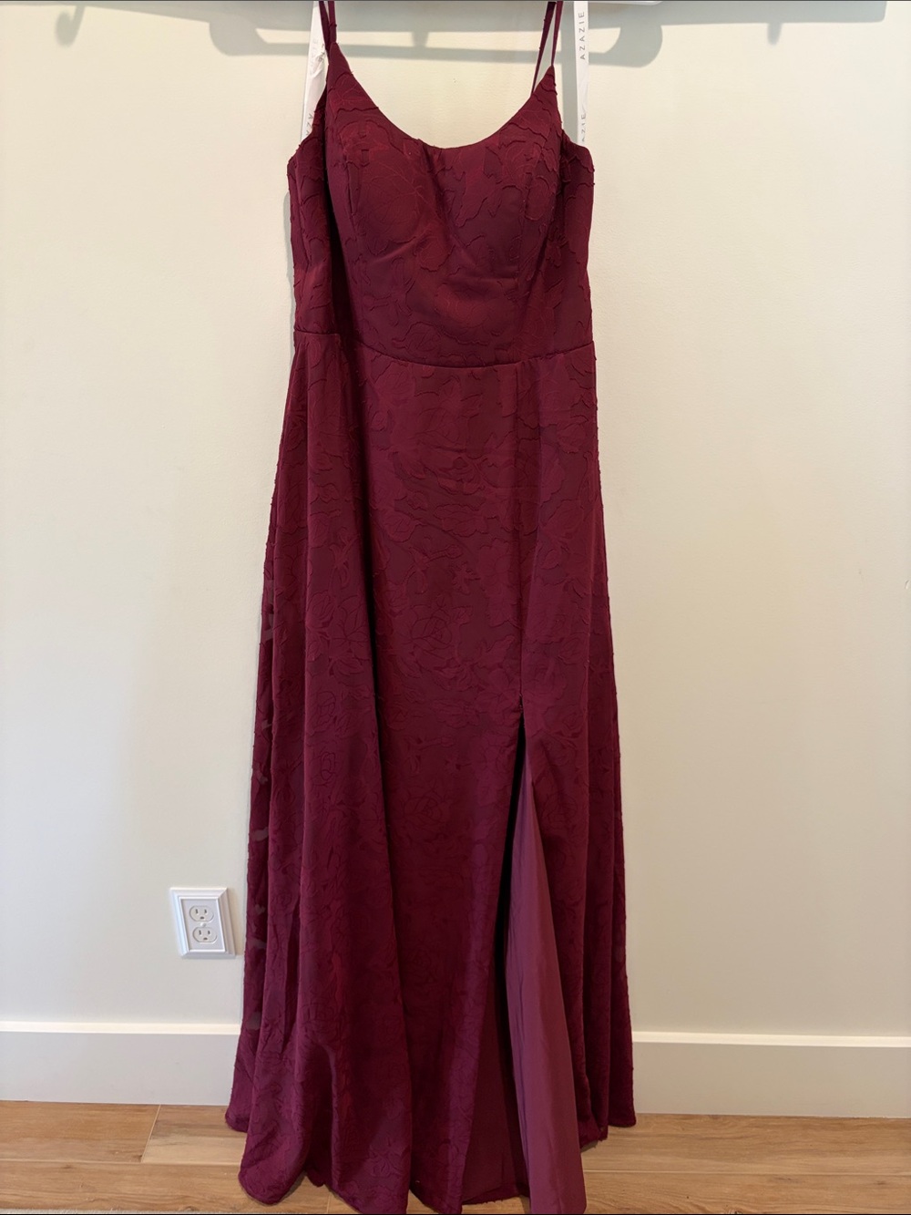 Azazie Burgundy Lace Maxi Dress with Side Slit